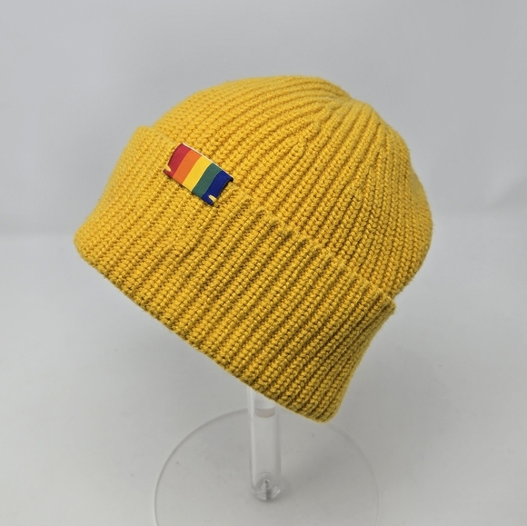 KURT GEIGER LONDON MUSTARD YELLOW FITTED BEANIE HAT CAP PRIDE WOOL BLEND UNSIEX - Picture 1 of 10